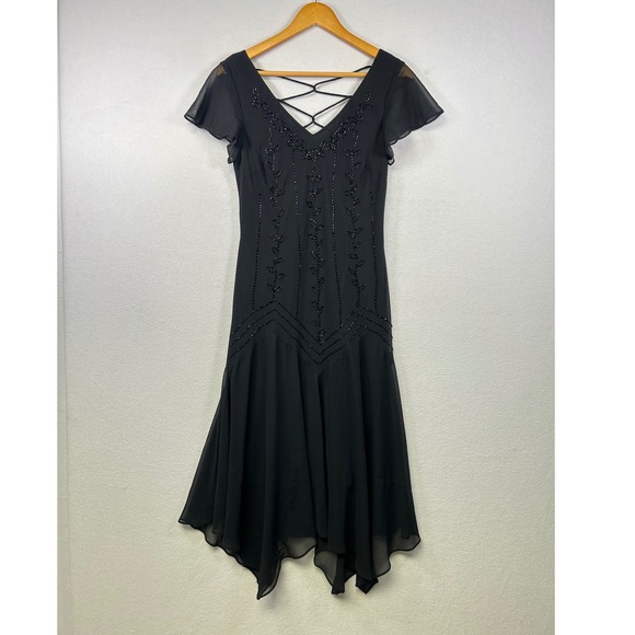 SL Fashions Dresses & Skirts - SL Fashions Black Beaded Criss Cross‎ Back Flutter Sleeve Midi Dress Size 10